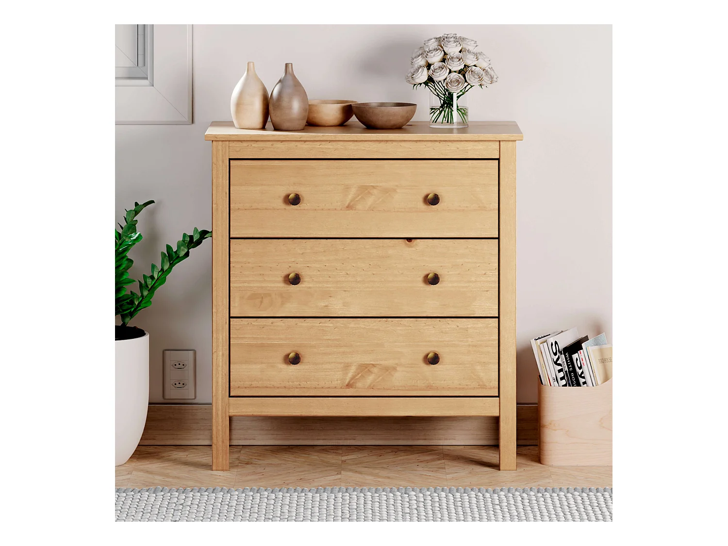 Commode en bois Samy Honey 3 tiroirs 77x81x40 cm