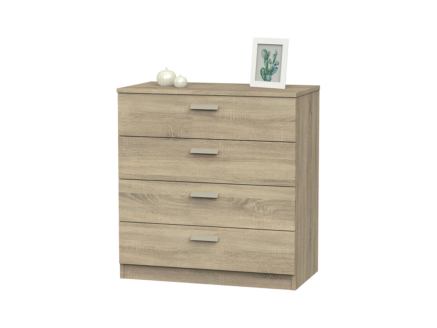 Commode 4 tiroirs avec glissières métalliques, blanc mat Tibet ou chêne cambrien, 74 x 78 cm