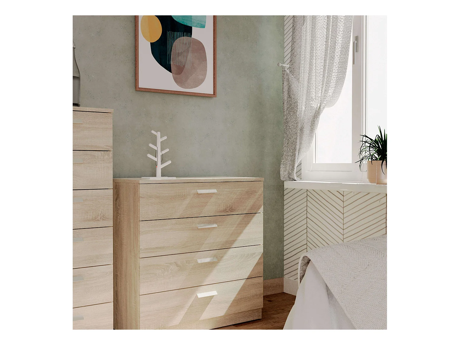 Commode 4 tiroirs avec glissières métalliques, blanc mat Tibet ou chêne cambrien, 74 x 78 cm