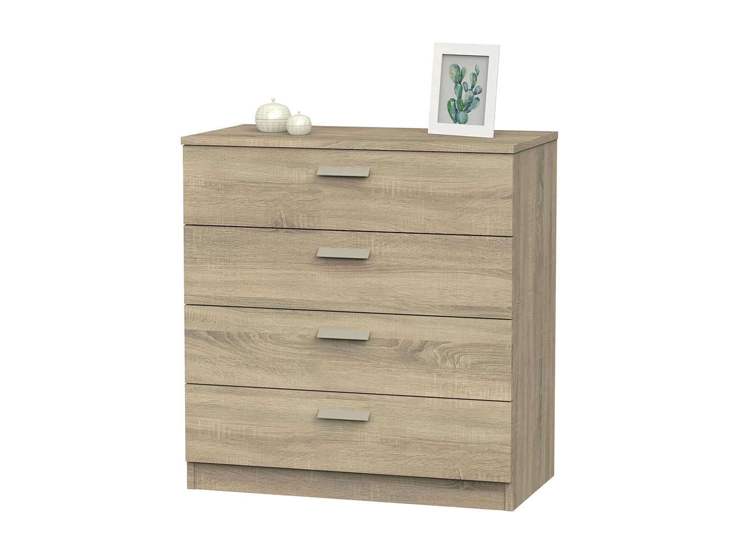 Commode 4 tiroirs avec glissières métalliques, blanc mat Tibet ou chêne cambrien, 74 x 78 cm