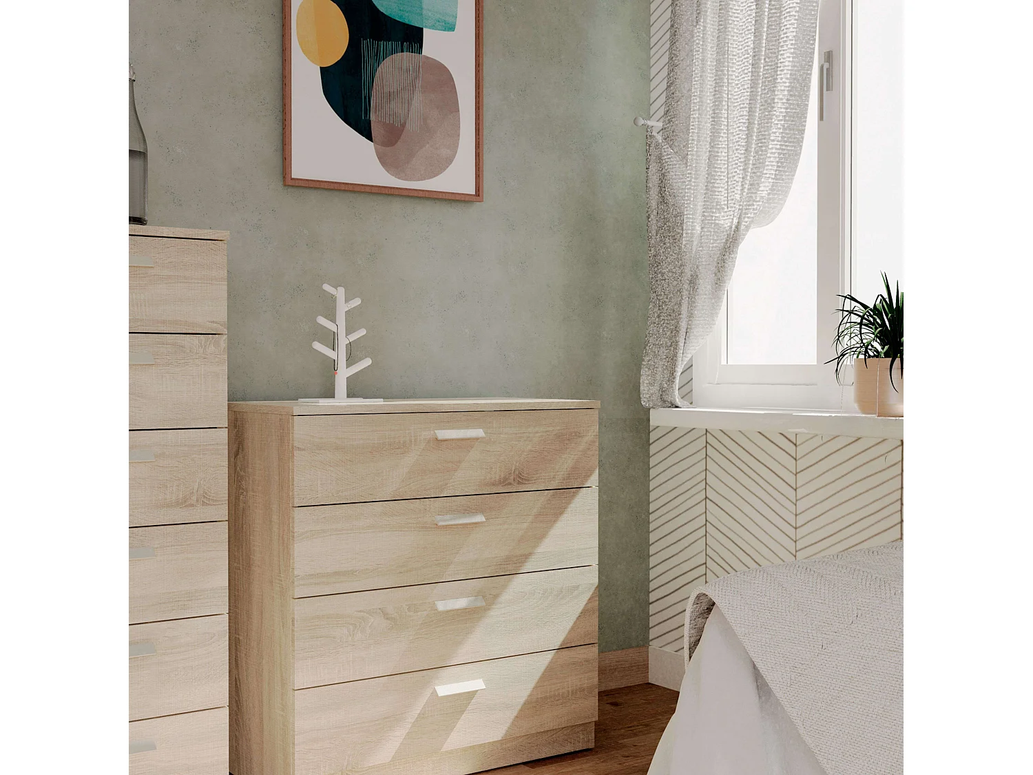 Commode 4 tiroirs avec glissières métalliques, blanc mat Tibet ou chêne cambrien, 74 x 78 cm