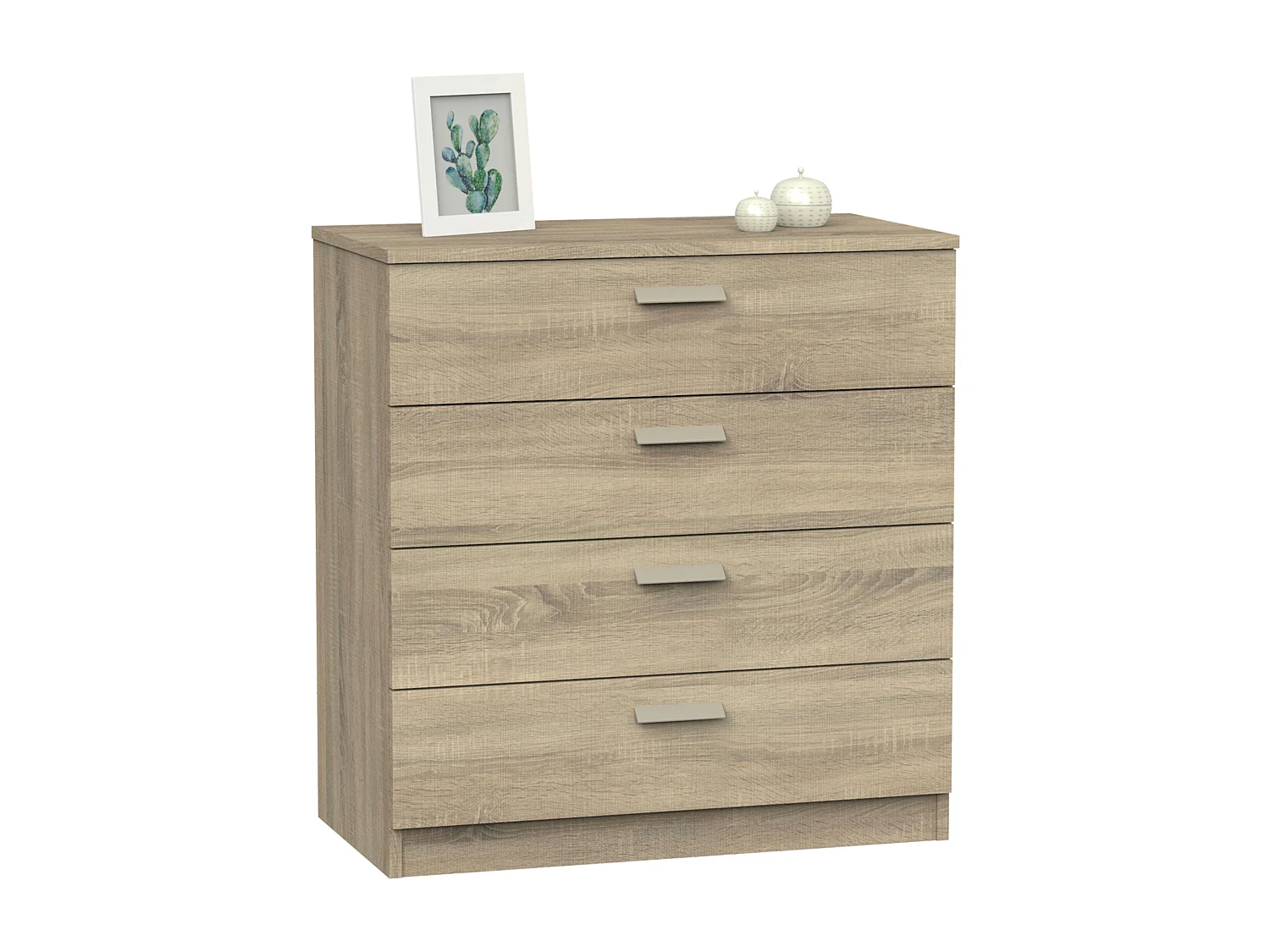 Commode 4 tiroirs avec glissières métalliques, blanc mat Tibet ou chêne cambrien, 74 x 78 cm