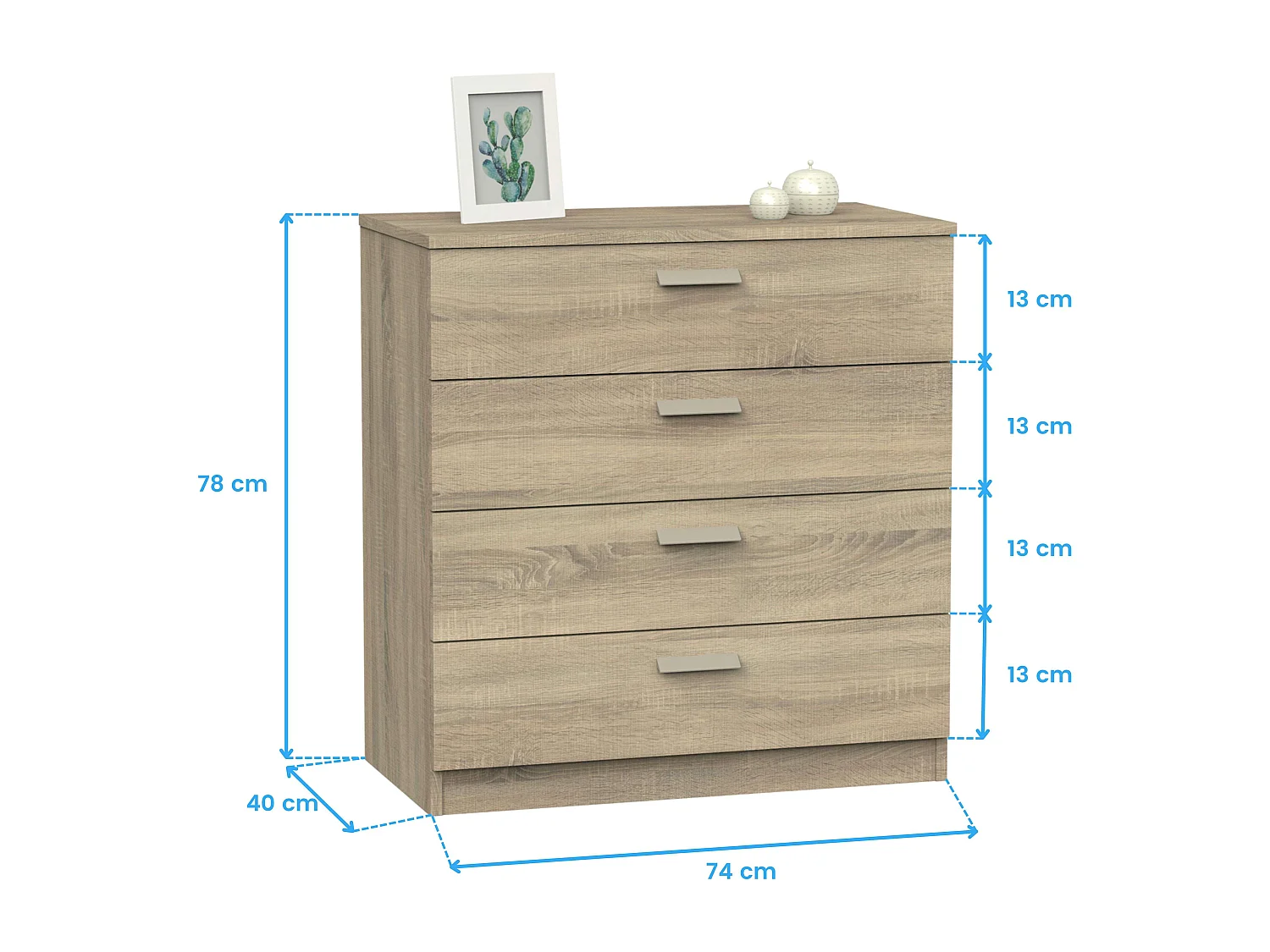 Commode 4 tiroirs avec glissières métalliques, blanc mat Tibet ou chêne cambrien, 74 x 78 cm