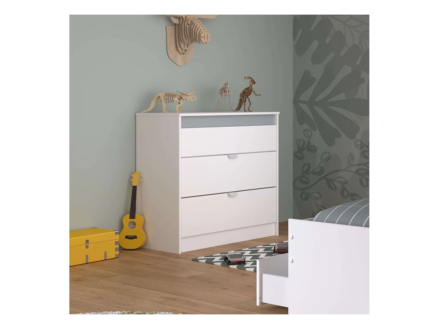 Commode Germain Youth 3 tiroirs 78 cm Blanc Gris Mélamine