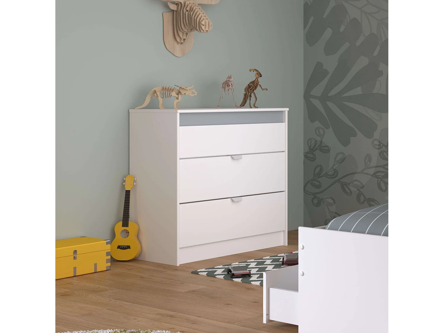 Commode Germain Youth 3 tiroirs 78 cm Blanc Gris Mélamine