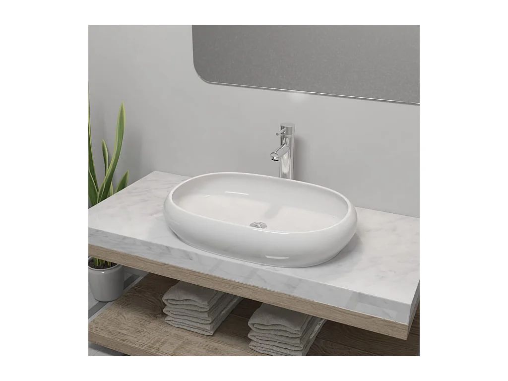 Lavabo salle de bain-Vasque à poser avec mitigeur Céramique Ovale Blanc