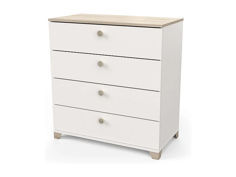 Cômoda Izzy com 4 gavetas em branco fosco e carvalho Kronberg, 85 x 80 x 42 cm.