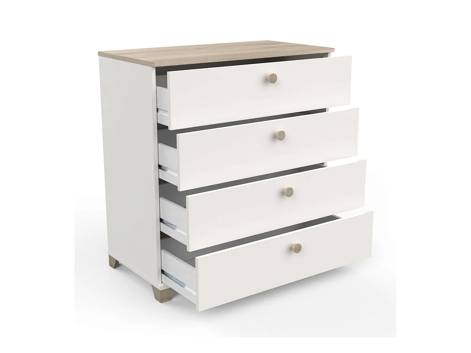 Commode 4 tiroirs Izzy en blanc mat et chêne Kronberg, 85 x 80 x 42 cm.