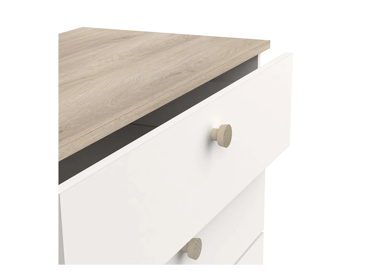 Commode 4 tiroirs Izzy en blanc mat et chêne Kronberg, 85 x 80 x 42 cm.