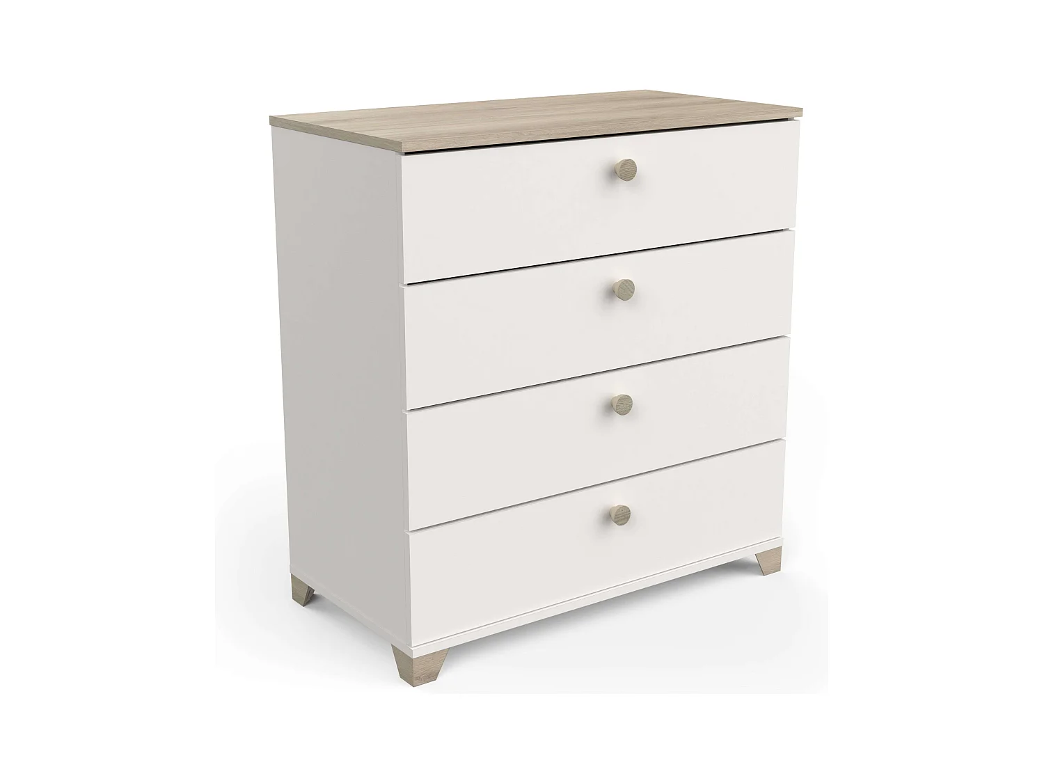 Commode 4 tiroirs Izzy en blanc mat et chêne Kronberg, 85 x 80 x 42 cm.