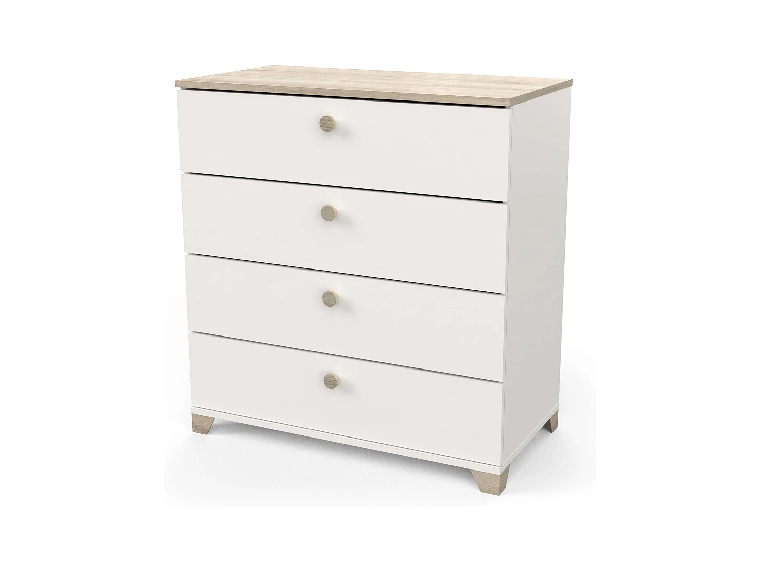 Cômoda Izzy com 4 gavetas em branco fosco e carvalho Kronberg, 85 x 80 x 42 cm.