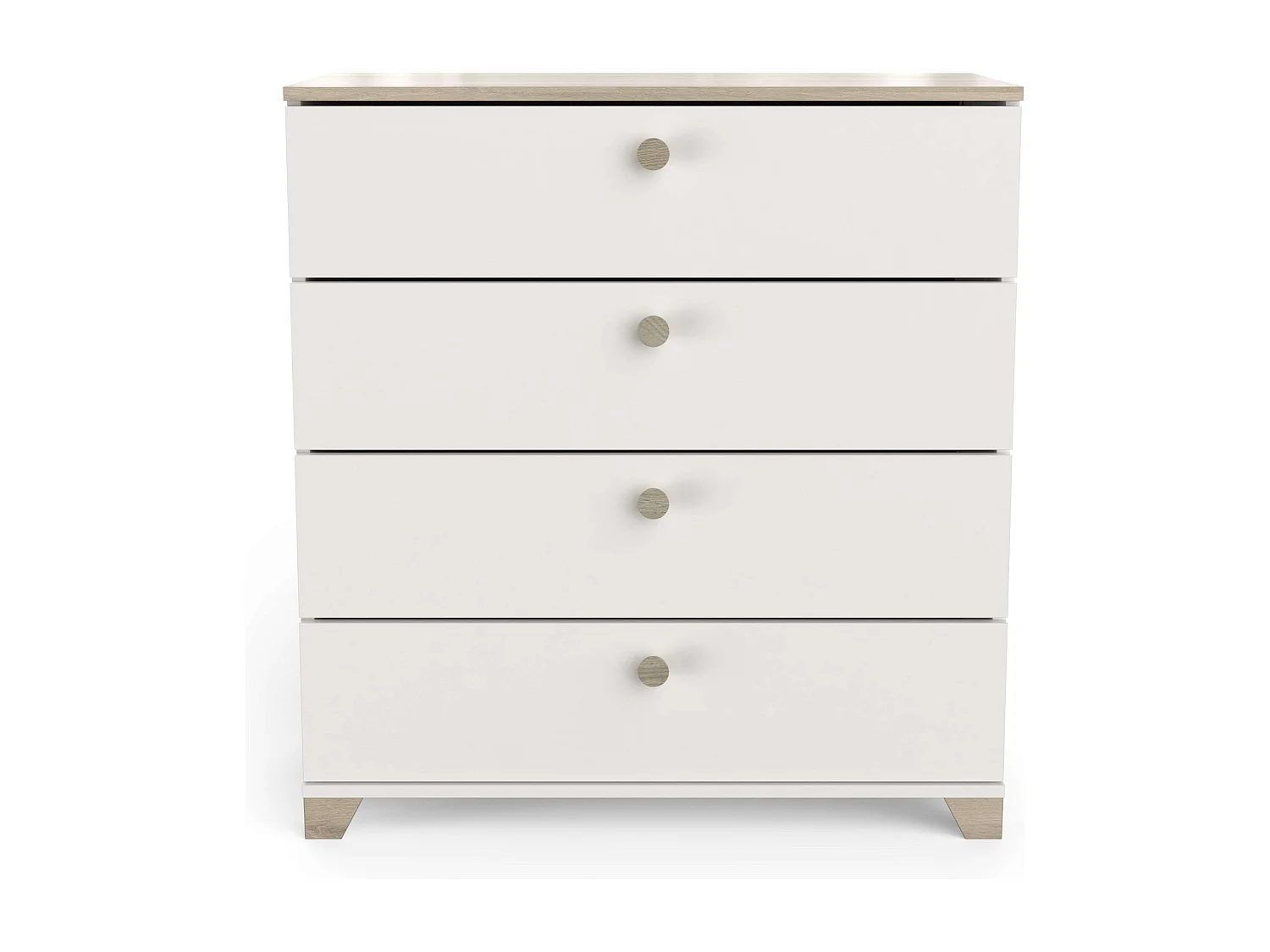 Commode 4 tiroirs Izzy en blanc mat et chêne Kronberg, 85 x 80 x 42 cm.