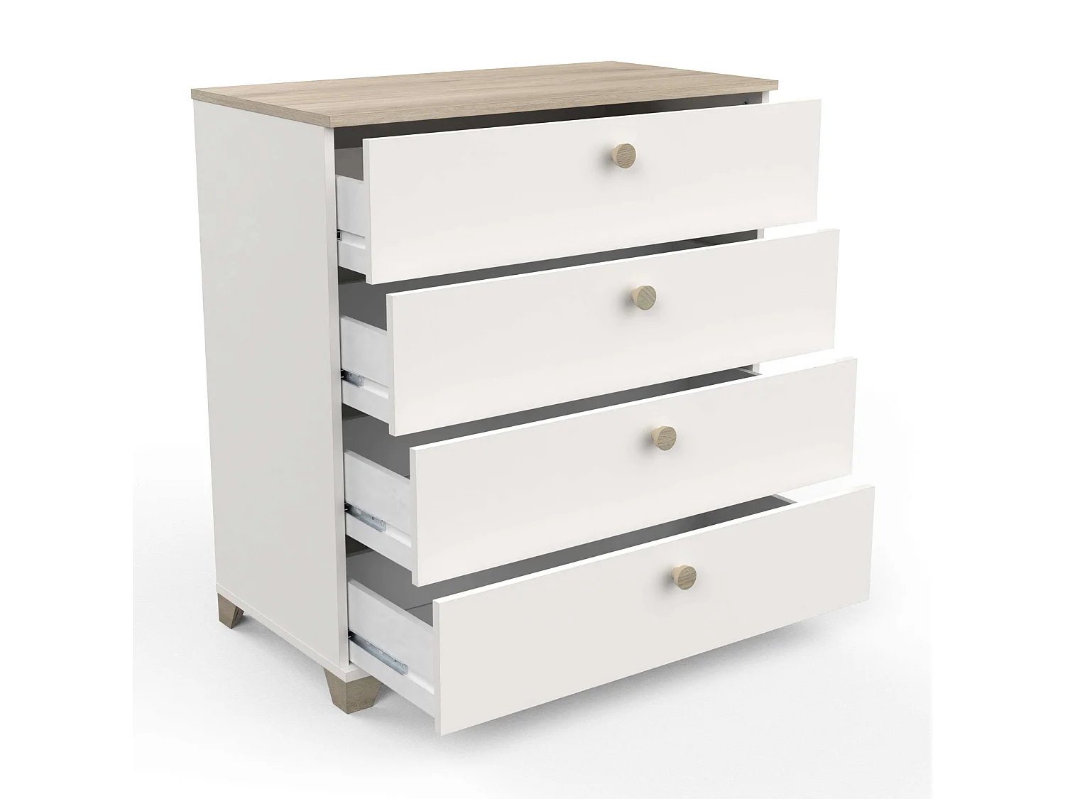 Commode 4 tiroirs Izzy en blanc mat et chêne Kronberg, 85 x 80 x 42 cm.