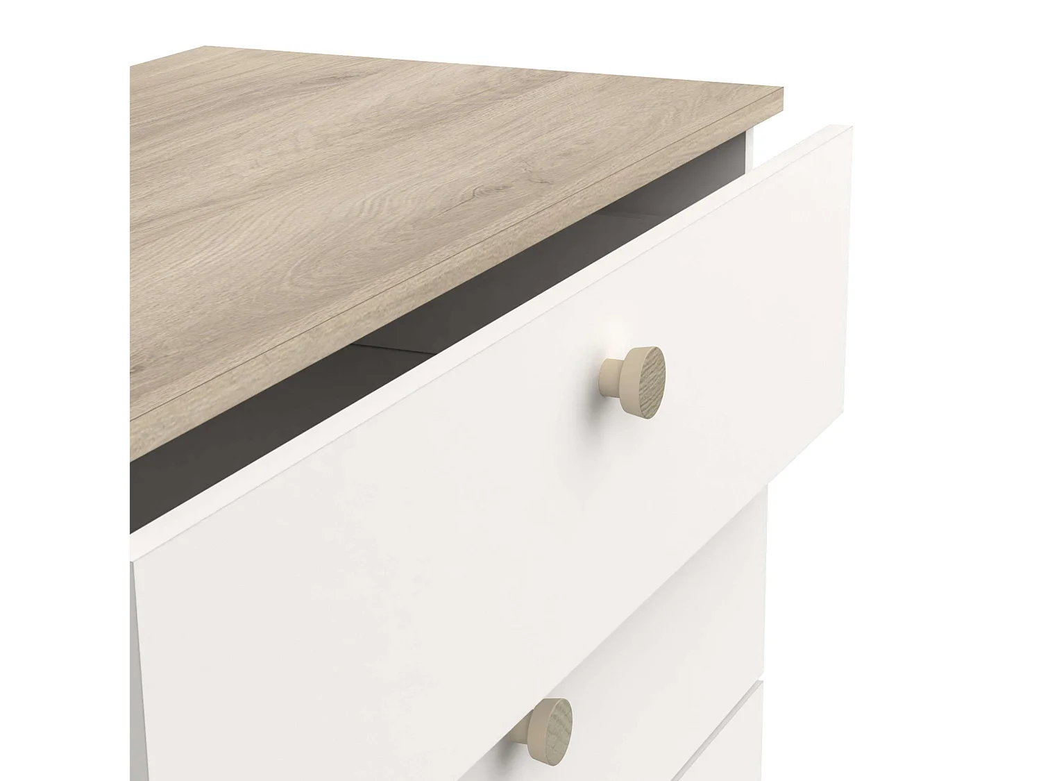 Commode 4 tiroirs Izzy en blanc mat et chêne Kronberg, 85 x 80 x 42 cm.