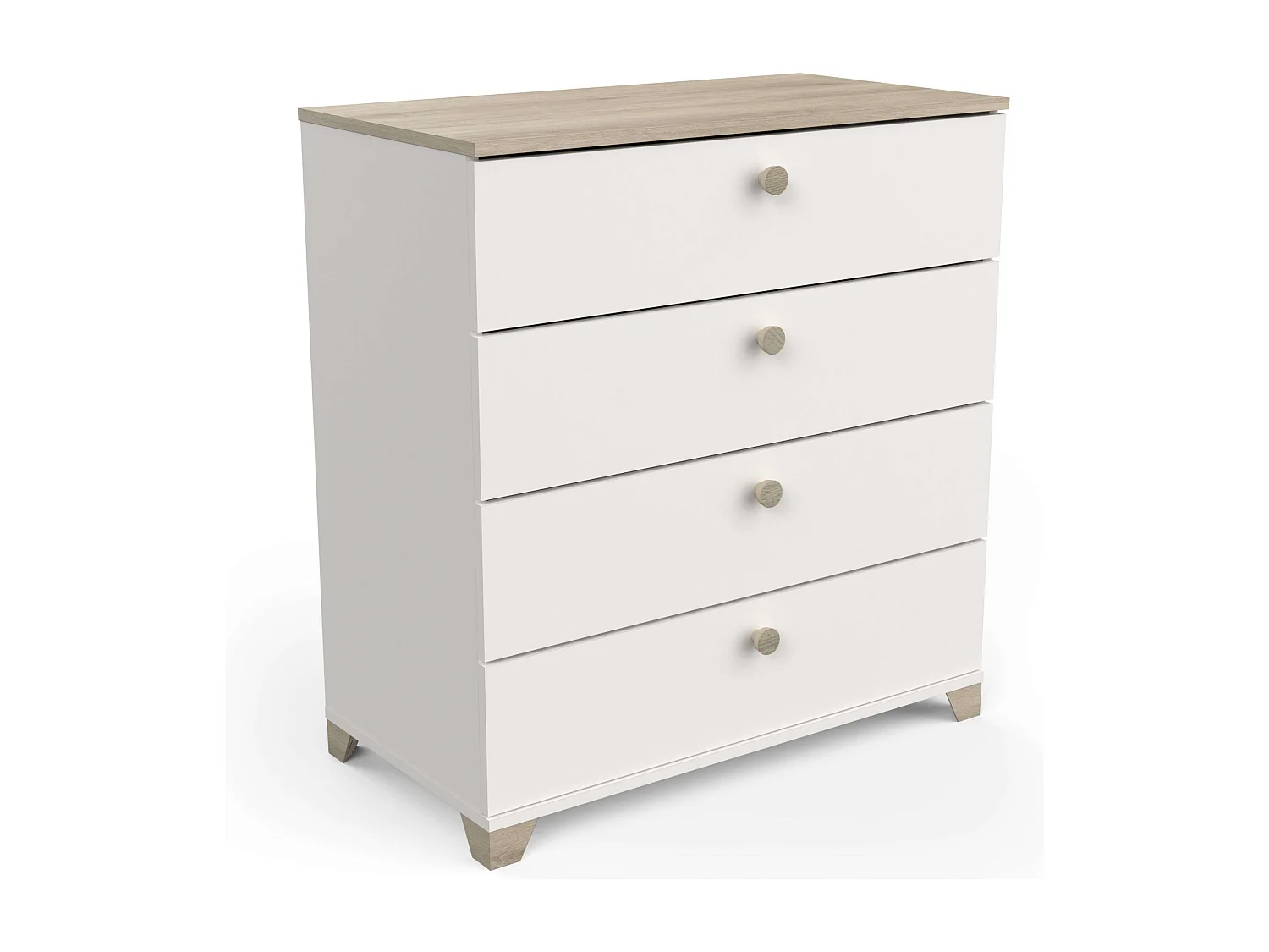 Commode 4 tiroirs Izzy en blanc mat et chêne Kronberg, 85 x 80 x 42 cm.