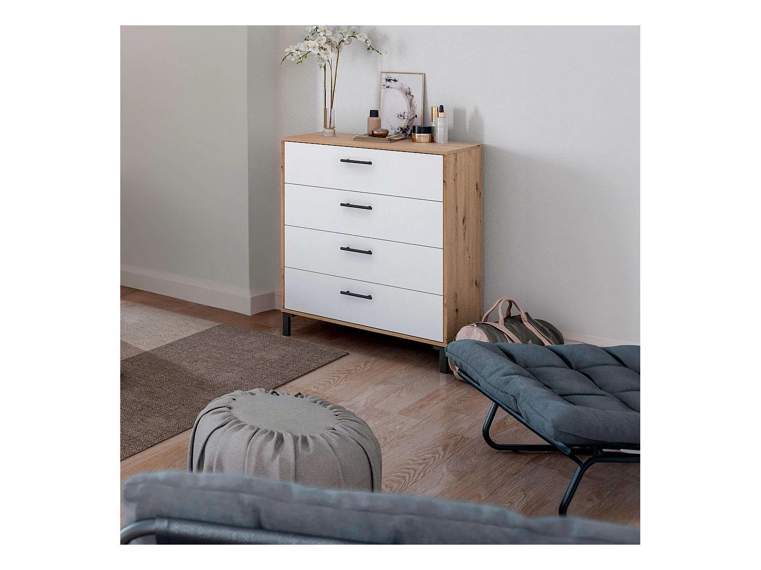 Commode 4 tiroirs Lúmina Chêne Nodi Blanc Artik 78x94x40 cm