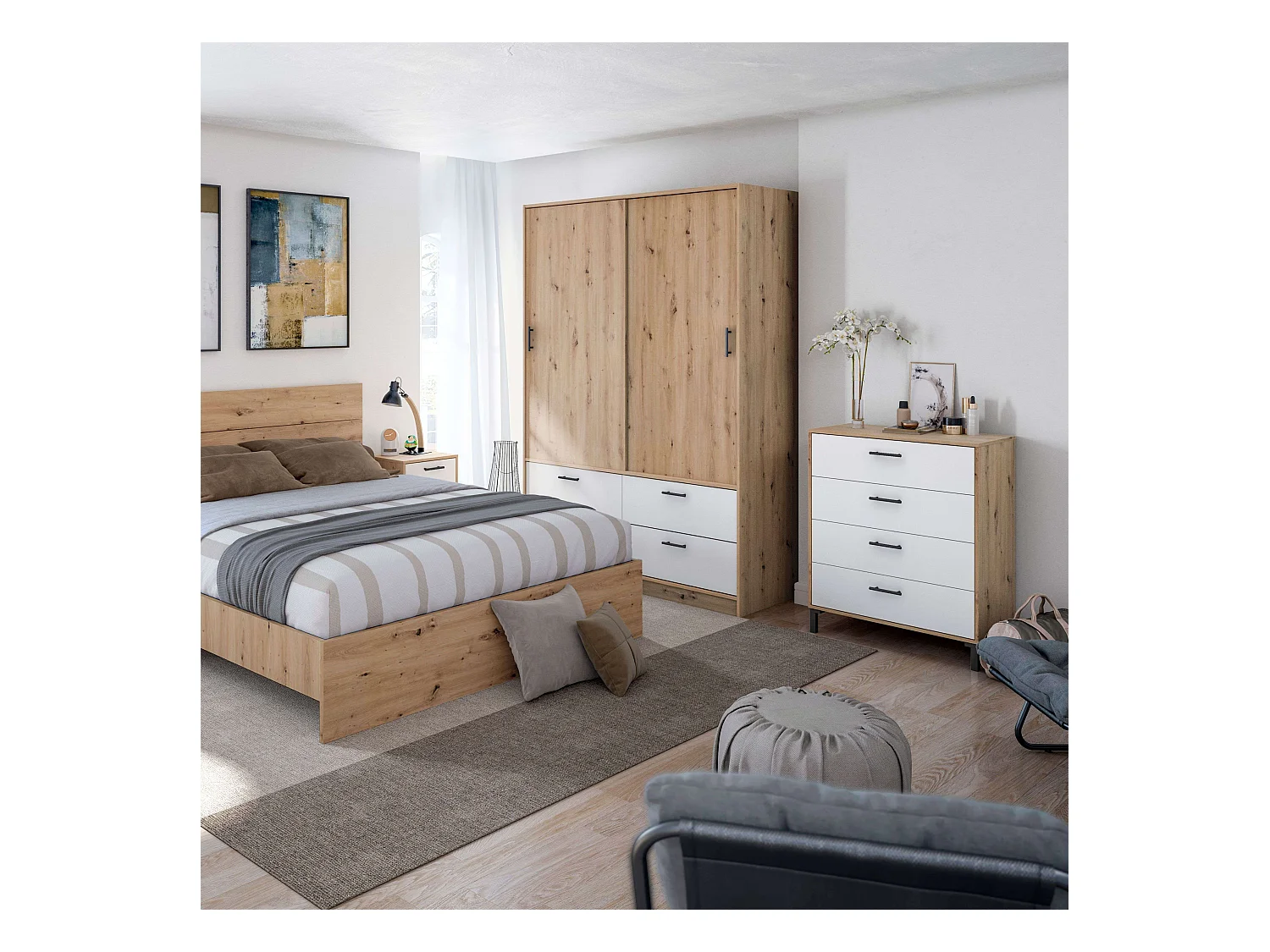 Commode 4 tiroirs Lúmina Chêne Nodi Blanc Artik 78x94x40 cm