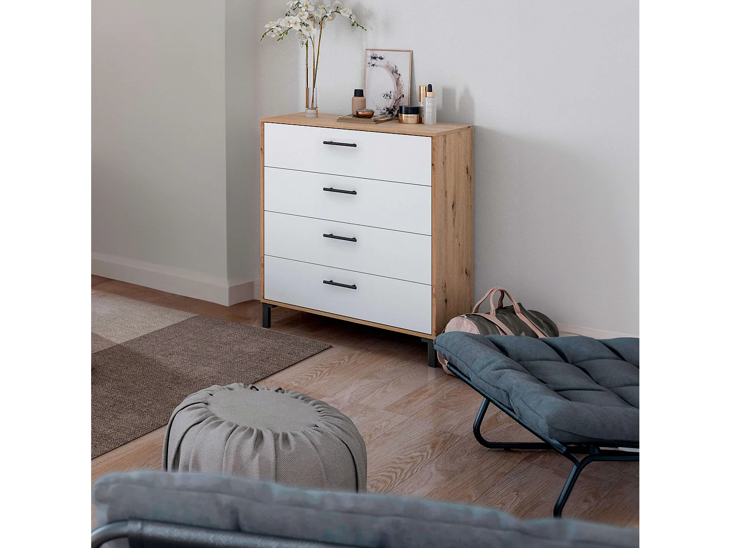 Commode 4 tiroirs Lúmina Chêne Nodi Blanc Artik 78x94x40 cm