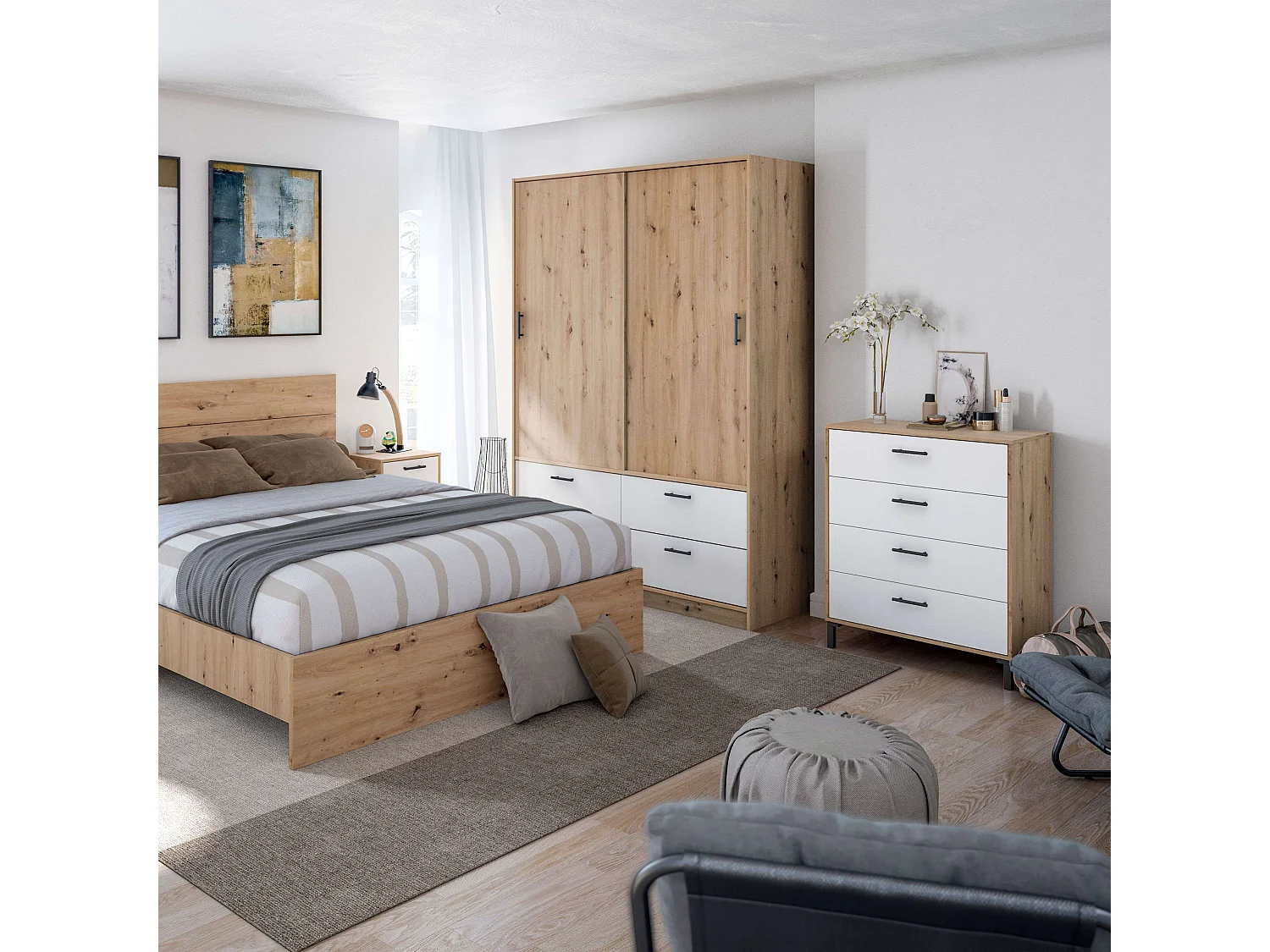 Commode 4 tiroirs Lúmina Chêne Nodi Blanc Artik 78x94x40 cm