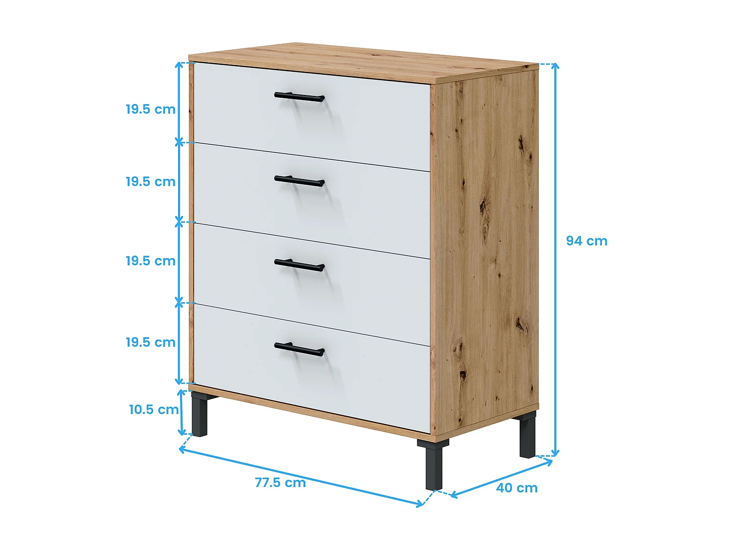 Commode 4 tiroirs Lúmina Chêne Nodi Blanc Artik 78x94x40 cm