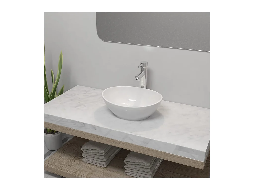 Lavabo salle de bain-Vasque à poser avec mitigeur Céramique Ovale Blanc