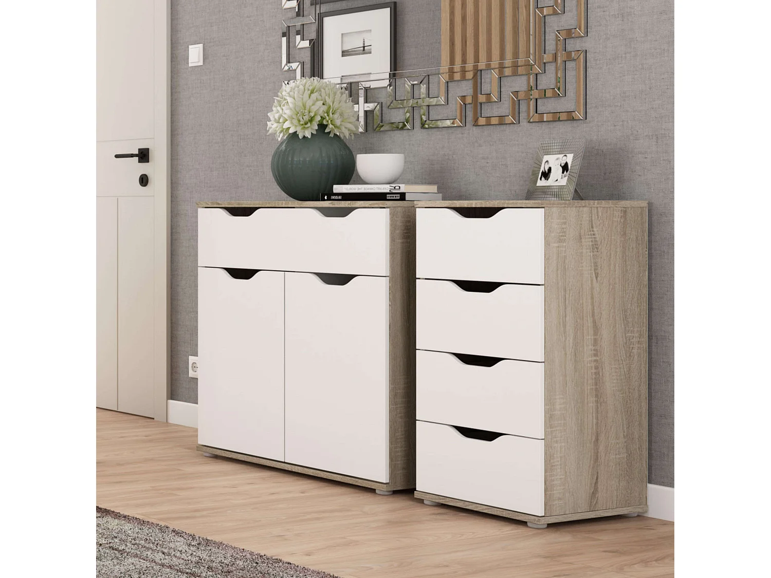 Cômoda Parc com 4 gavetas em carvalho Sonoma e branco fosco, 40x78,7x38 cm