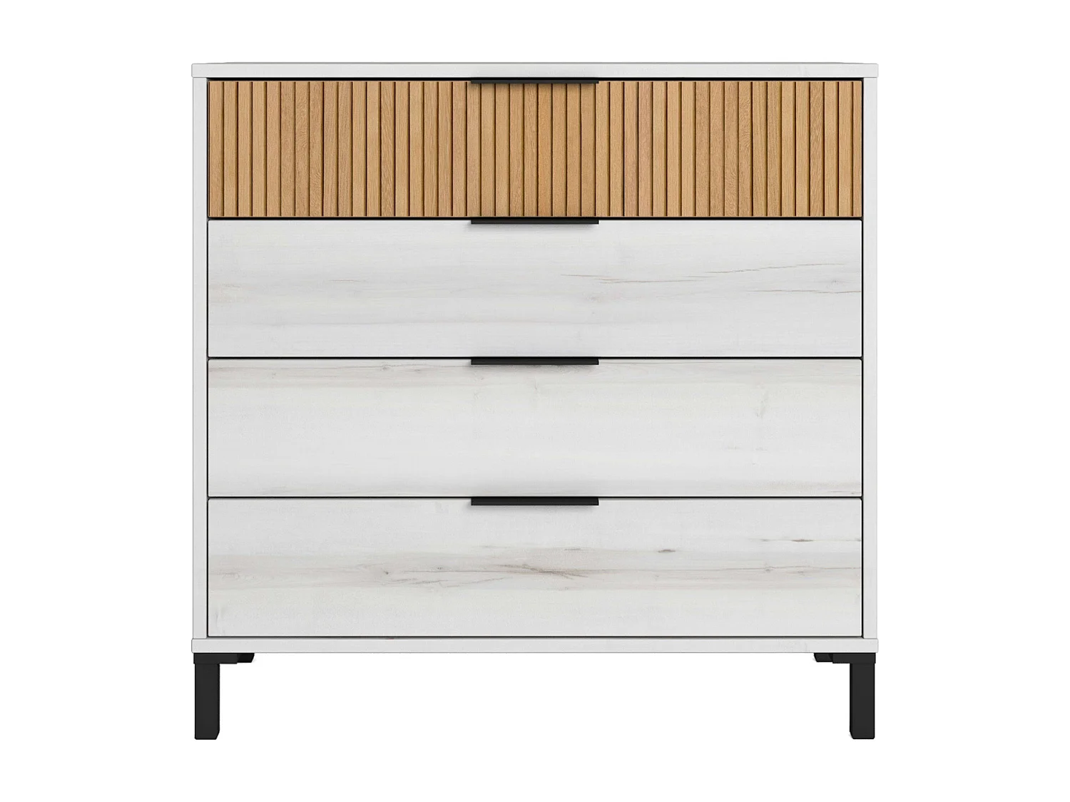 Cômoda Arles com 4 gavetas em carvalho branco e listrado, 80x80 cm