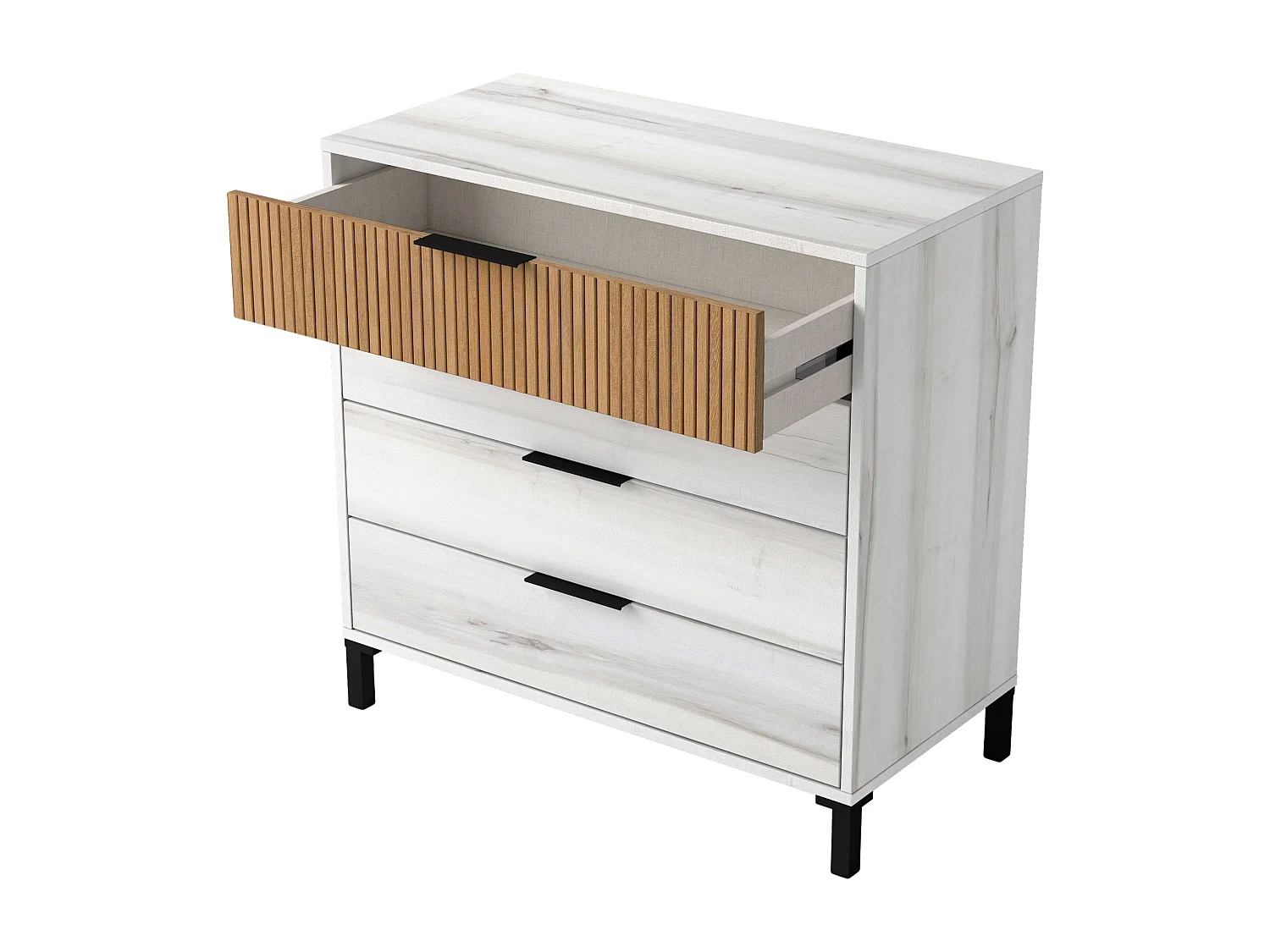 Cômoda Arles com 4 gavetas em carvalho branco e listrado, 80x80 cm