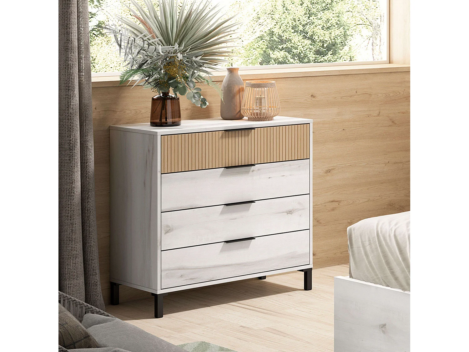 Cômoda Arles com 4 gavetas em carvalho branco e listrado, 80x80 cm