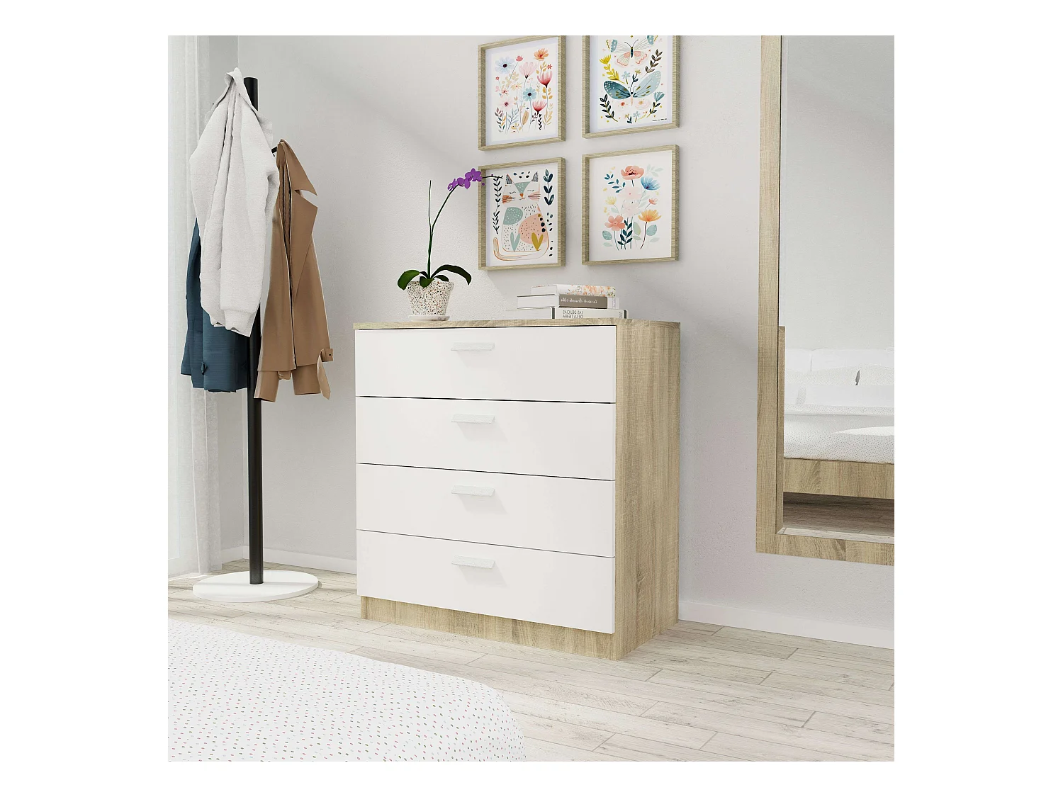 Commode de chambre moderne Tibet 4C Chêne CM et Blanc 74x78 cm