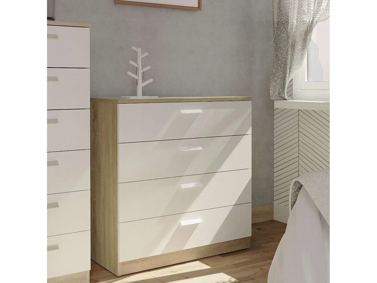 Cômoda de Quarto Moderna Tibete 4C Carvalho CM e Branco 74x78 cm