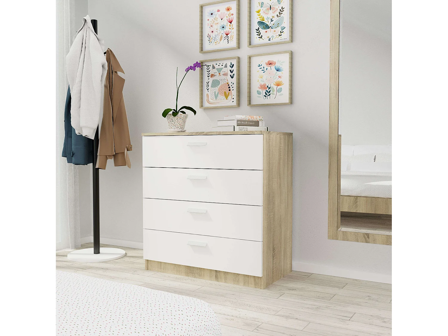 Cômoda de Quarto Moderna Tibete 4C Carvalho CM e Branco 74x78 cm