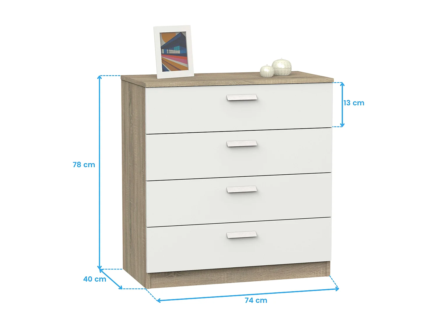 Cômoda de Quarto Moderna Tibete 4C Carvalho CM e Branco 74x78 cm