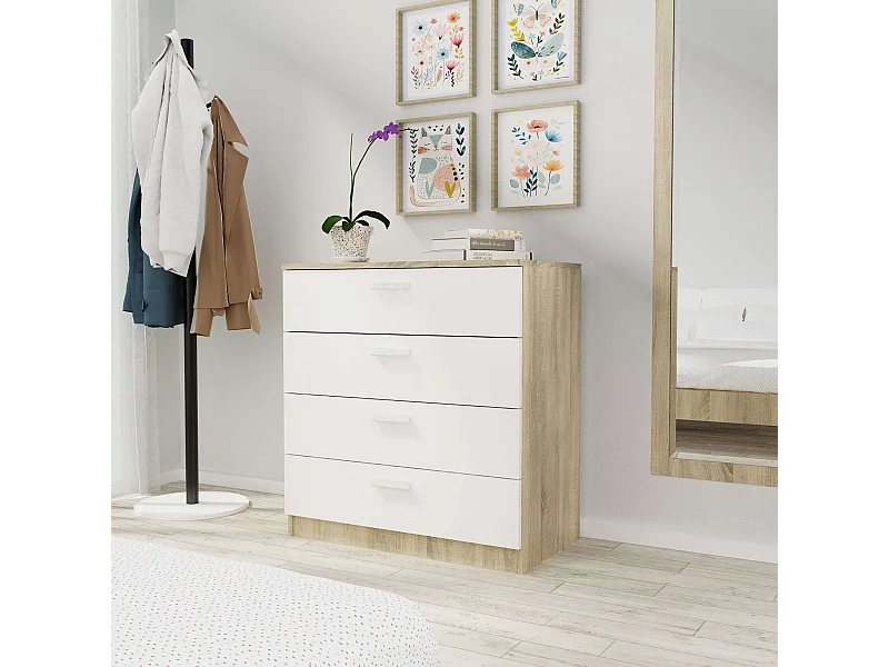 Commode de chambre moderne Tibet 4C Chêne CM et Blanc 74x78 cm