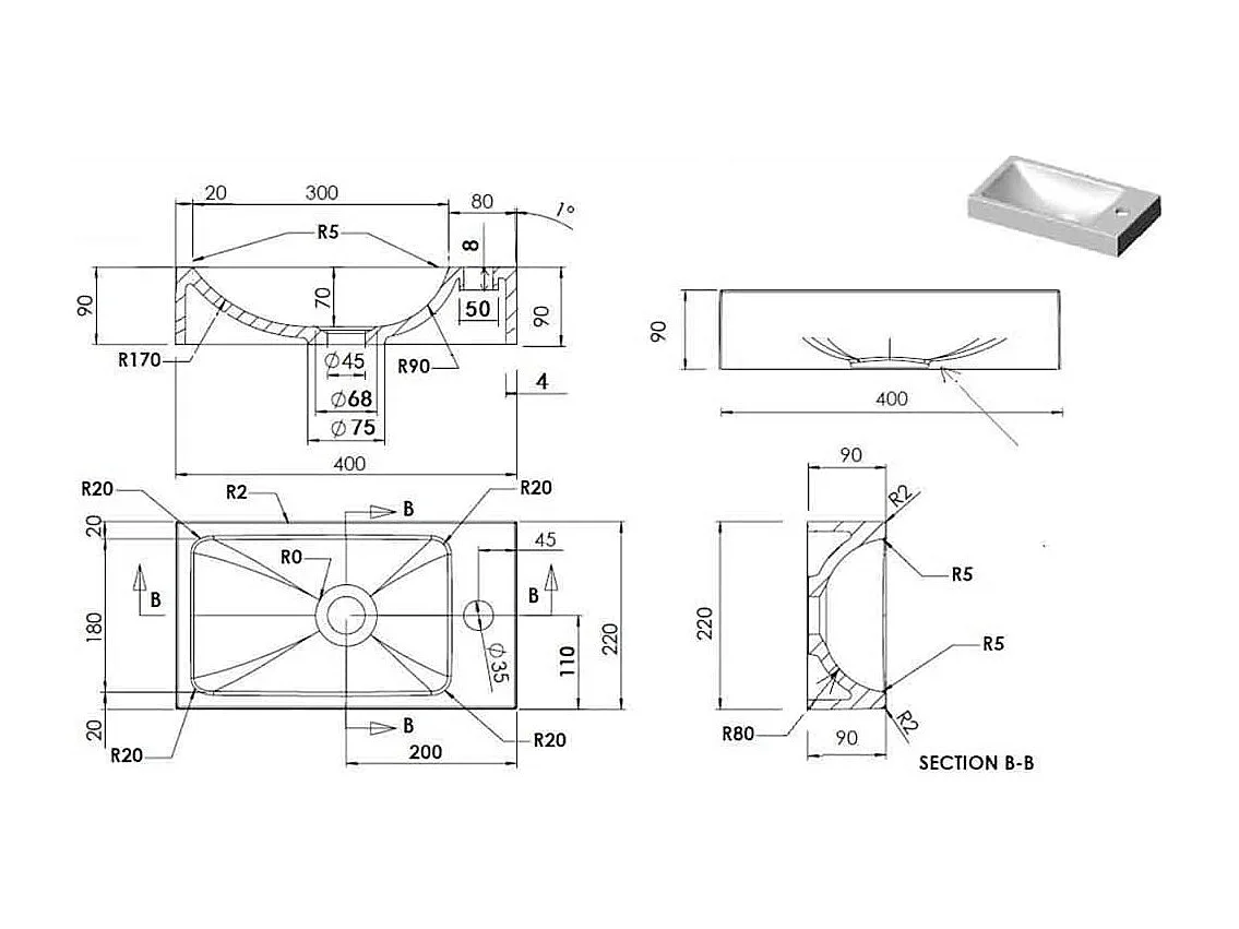 Lavabo salle de bain-Vasque à poser 400x220x90 mm SMC Blanc