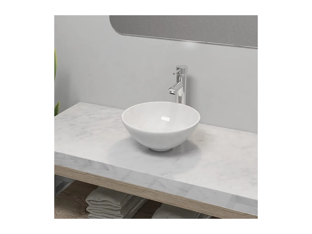 Lavabo salle de bain-Vasque à poser avec mitigeur Céramique Rond Blanc