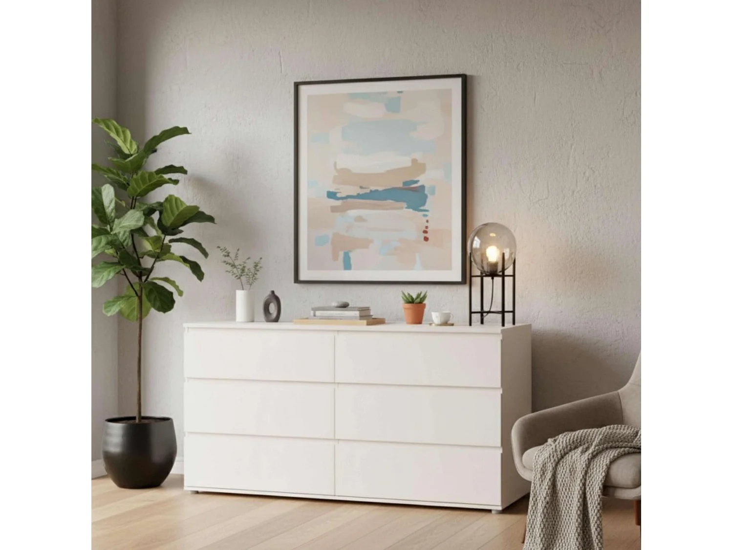 Cômoda Sven com 6 gavetas, branca, 151x82x50 cm, melamina, quarto