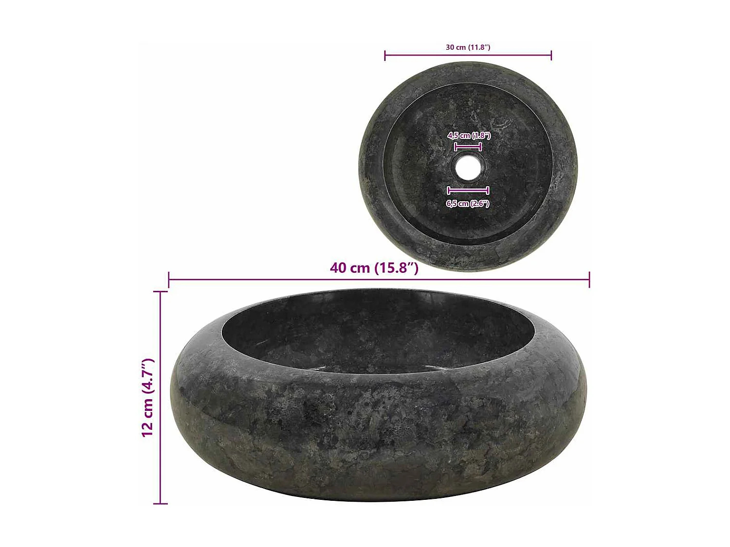 Lavabo salle de bain-Vasque à poser 40 x 12 cm Marbre Noir