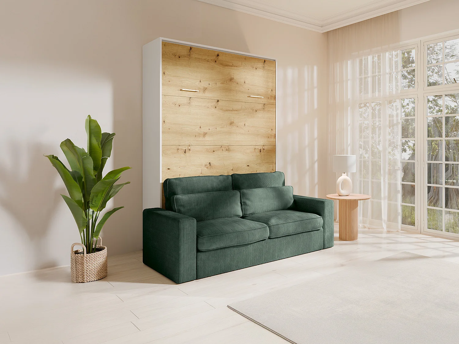 Lit escamotable 140 x 200 cm - Ouverture verticale manuelle - Coloris : Naturel et blanc + Canapé Vert - BEGANIO