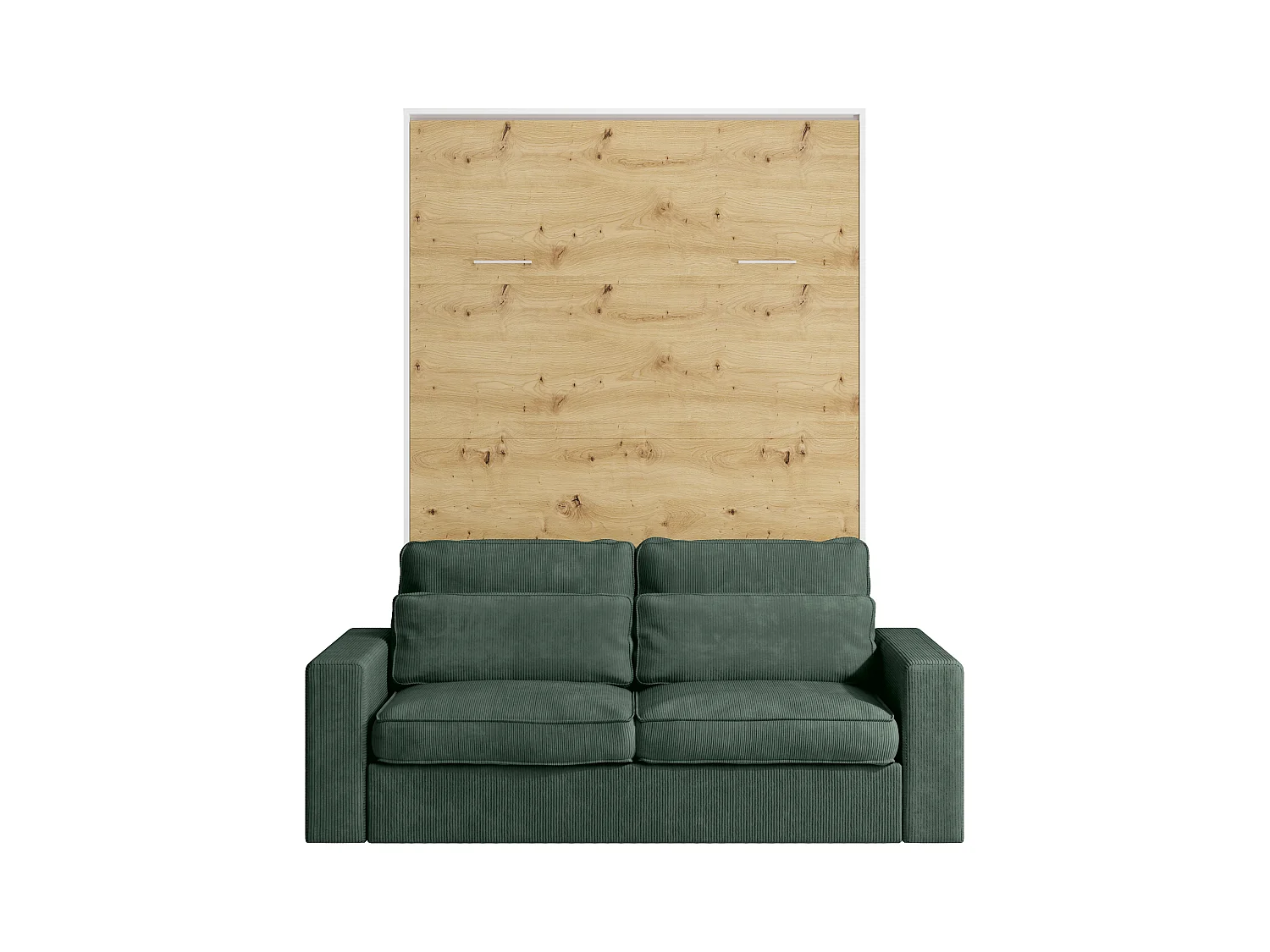 Lit escamotable 140 x 200 cm - Ouverture verticale manuelle - Coloris : Naturel et blanc + Canapé Vert - BEGANIO