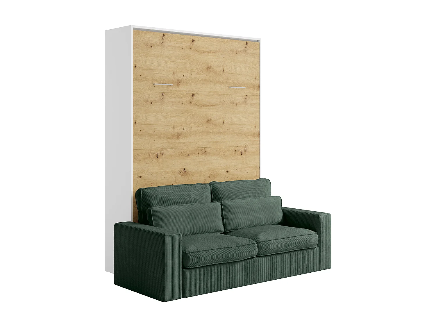 Schrankbett 140 x 200 cm - Manuelle vertikale Öffnung - Farbgebung: Natur und Weiß + Grünes Sofa - BEGANIO