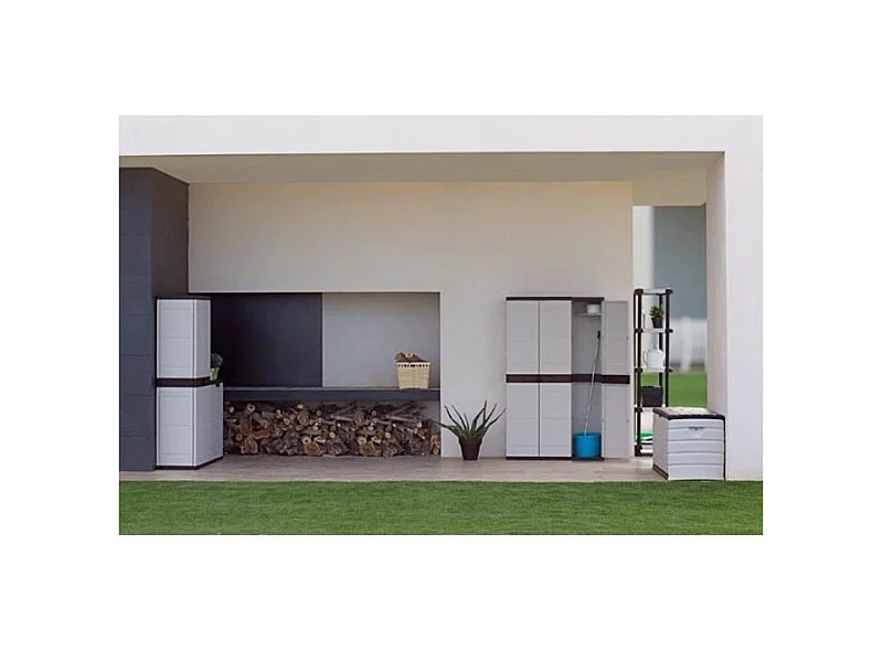 TITANIUM PLASTIKEN Armoire 2 portes avec etageres et penderie l70 x p44 x h176 cm Beige et Noire Gamme TITANIUM Interieur/Exteri