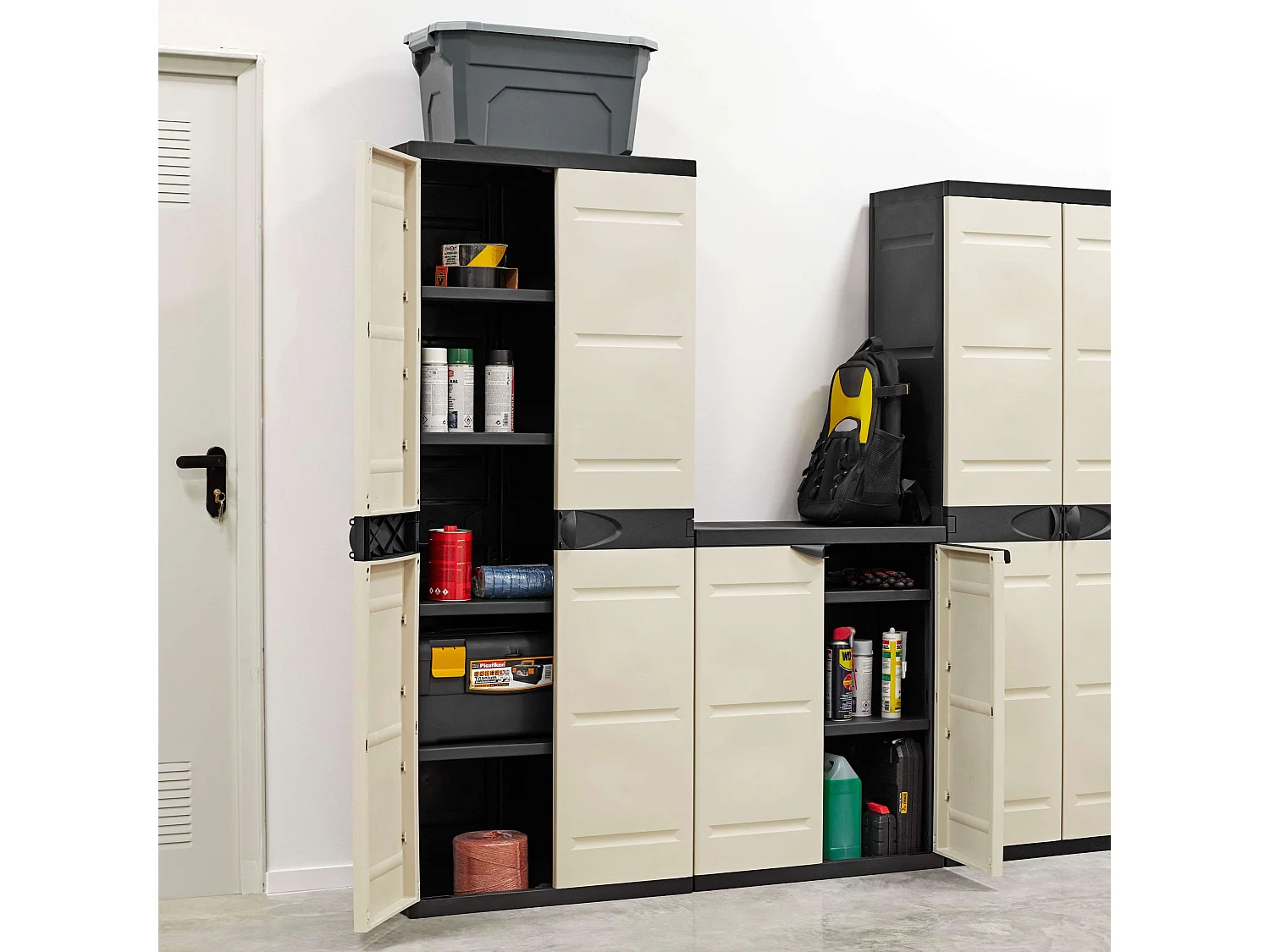 TITANIUM PLASTIKEN Armoire 2 portes avec etageres et penderie l70 x p44 x h176 cm Beige et Noire Gamme TITANIUM Interieur/Exteri