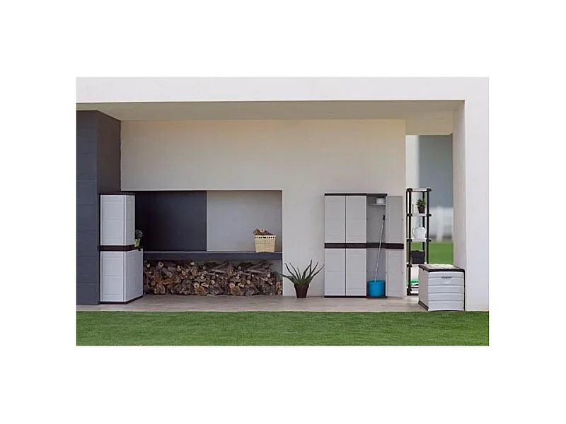 TITANIUM  Armoire 3 portes avec étageres + penderie l105 x p44 x h176 cm Beige et Noire Gamme TITANIUM Intérieur/Ext