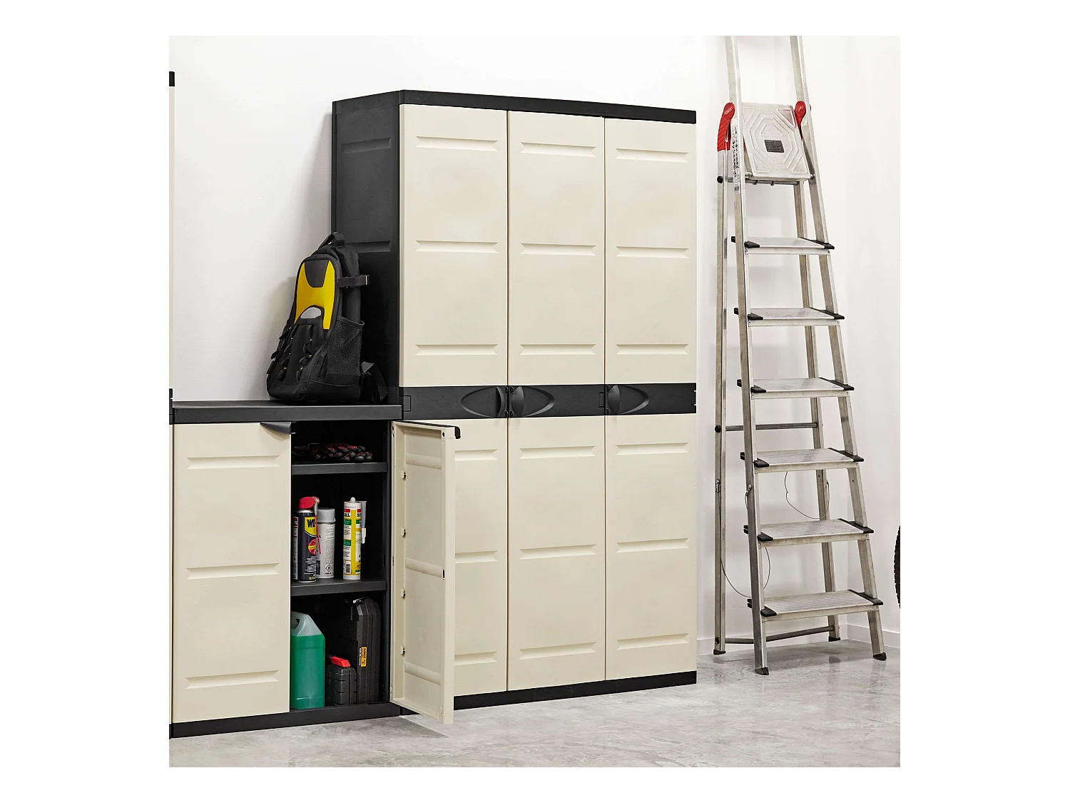 TITANIUM  Armoire 3 portes avec étageres + penderie l105 x p44 x h176 cm Beige et Noire Gamme TITANIUM Intérieur/Ext