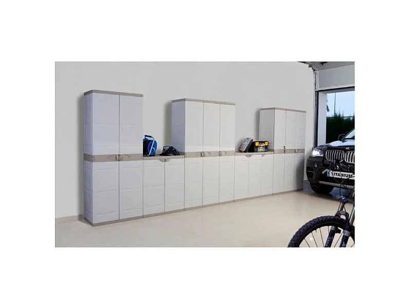 TITANIUM PLASTIKEN Armoire haute 2 portes avec etageres 70 x 44 x 176 cm Beige et Taupe Gamme TITANIUM Interieur et Exterieur