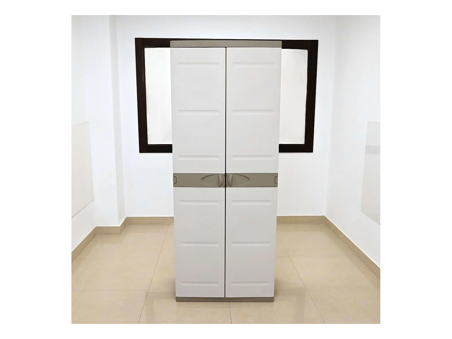 TITANIUM PLASTIKEN Armoire haute 2 portes avec etageres 70 x 44 x 176 cm Beige et Taupe Gamme TITANIUM Interieur et Exterieur