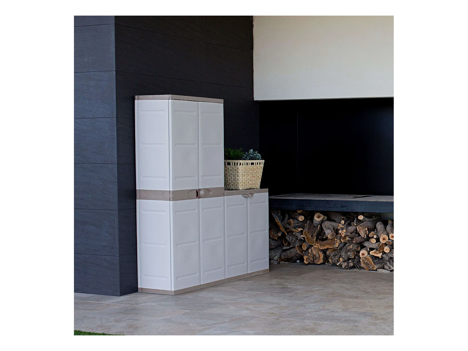 TITANIUM PLASTIKEN Armoire haute 2 portes avec etageres 70 x 44 x 176 cm Beige et Taupe Gamme TITANIUM Interieur et Exterieur