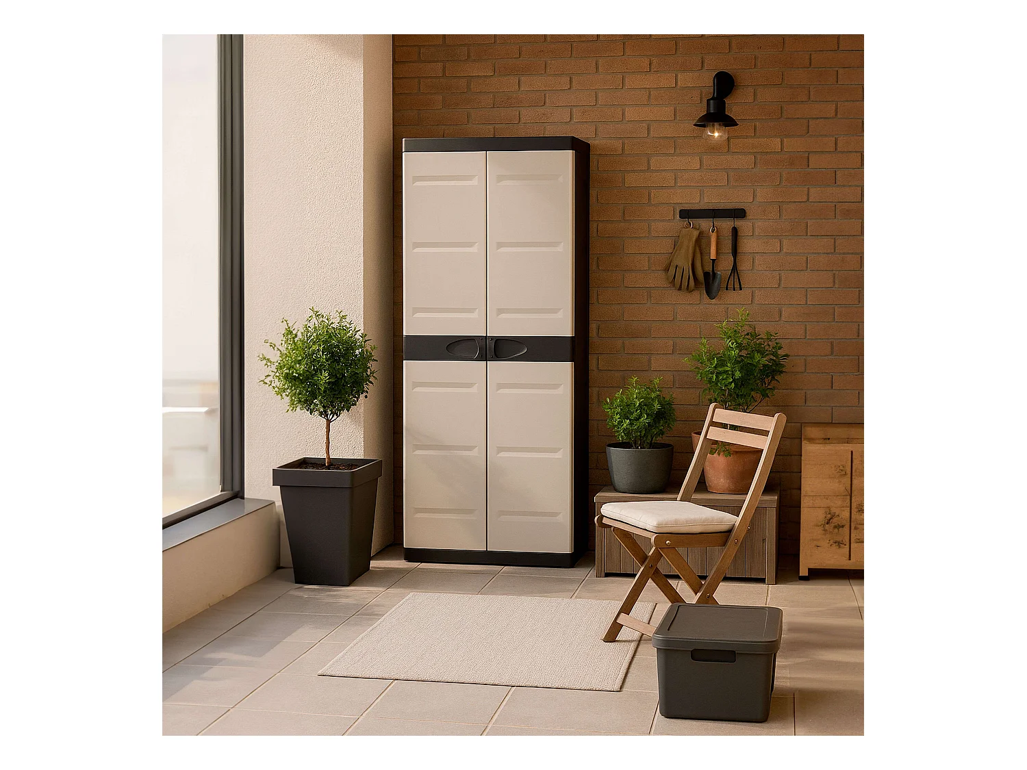 TITANIUM PLASTIKEN Armoire haute 2 portes avec etageres - 70 x 44 x 176 cm - Beige et Noir - Gamme TITANIUM - Interieur et Exter