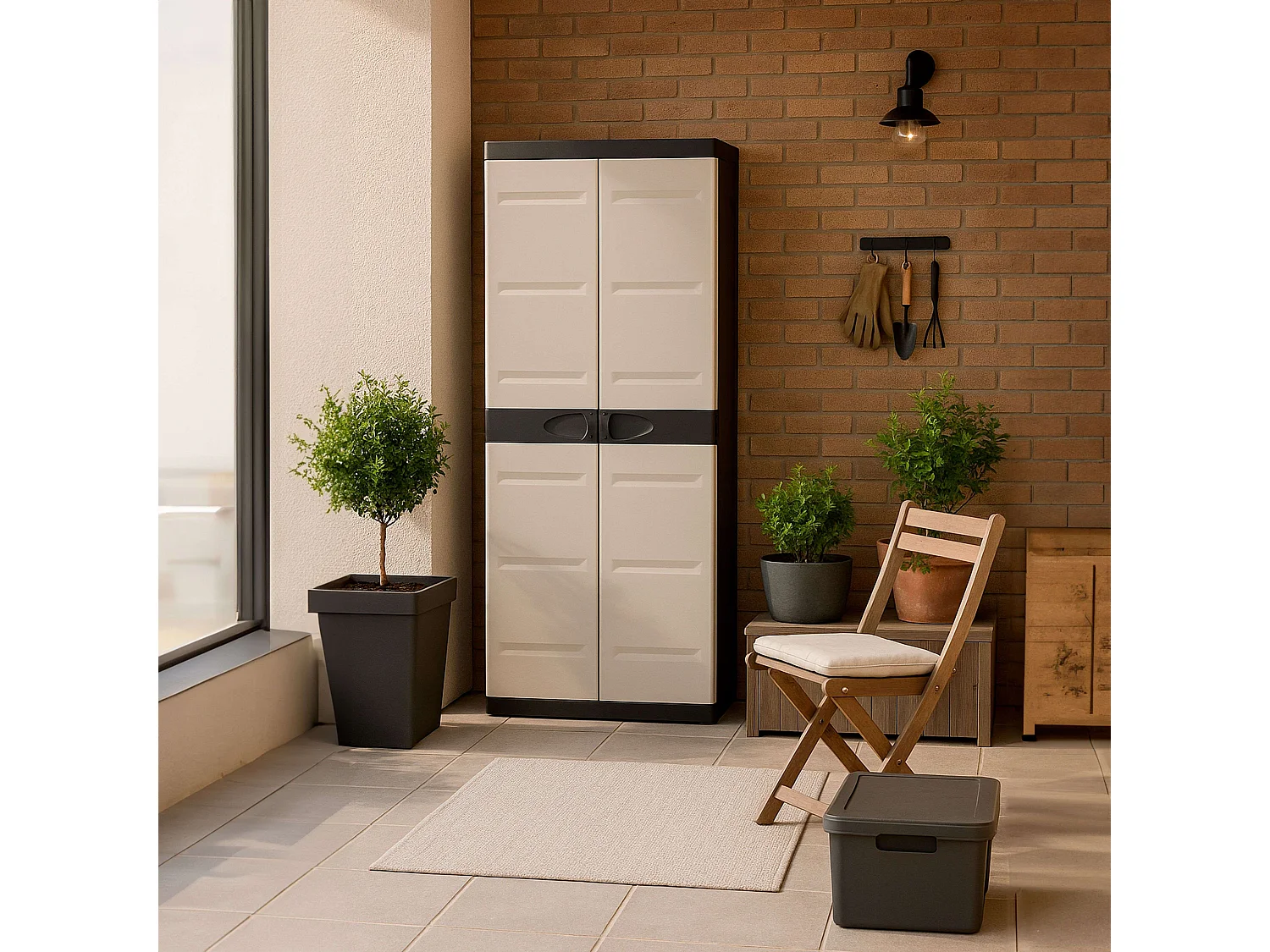 TITANIUM PLASTIKEN Armoire haute 2 portes avec etageres - 70 x 44 x 176 cm - Beige et Noir - Gamme TITANIUM - Interieur et Exter